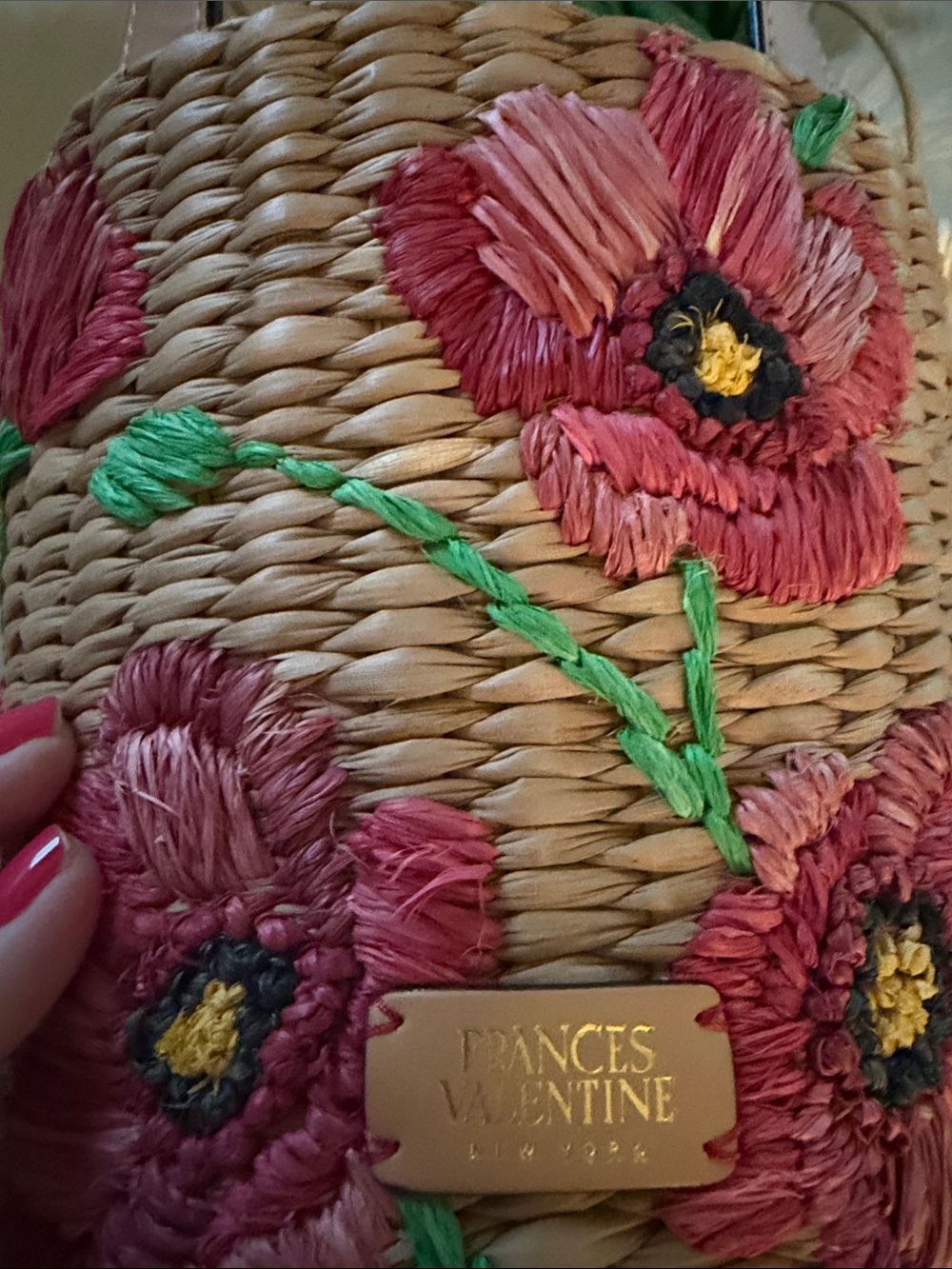 Frances Valentine Pink Floral Embroidered Straw Mini Bag No Cross Body Strap - Picture 2 of 4